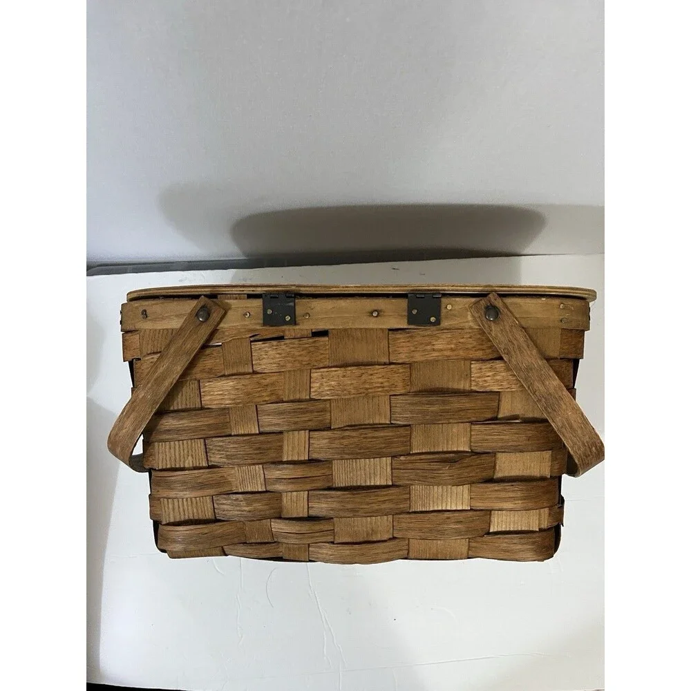 Vintage Basketville Putney Vermont Woven Wood Splint Picnic Basket With Lid